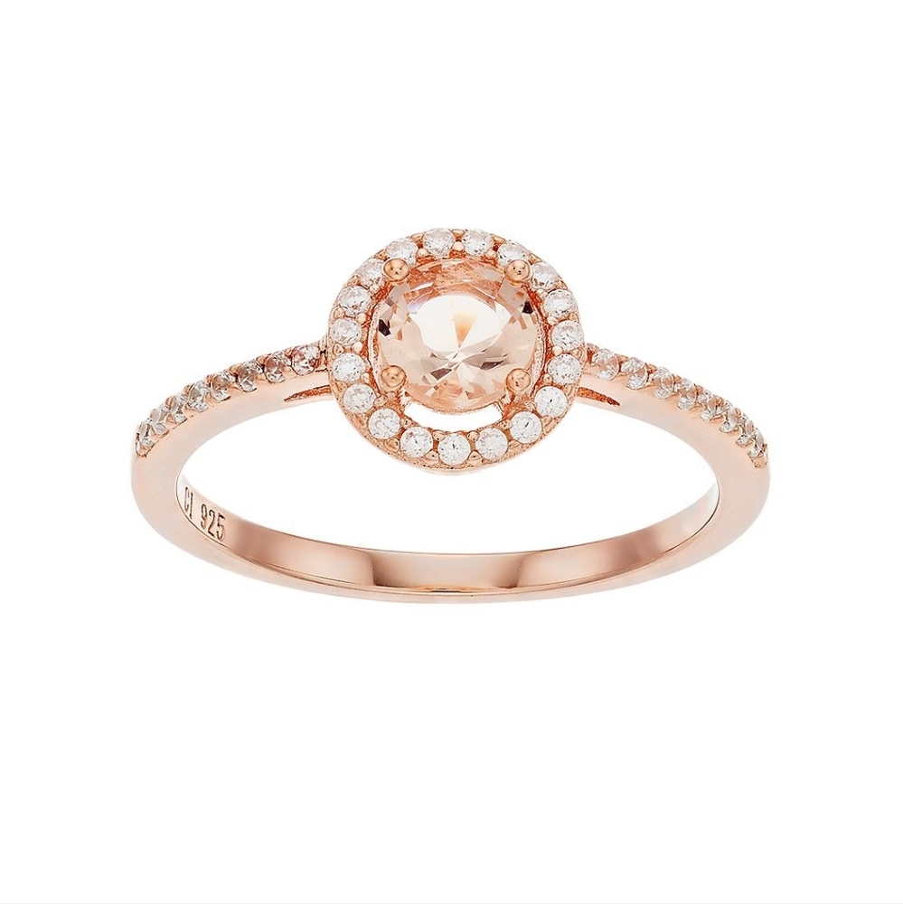 14K Rose Gold Over Silver Simulate Morganite & Cubic Zirconia Round Halo…